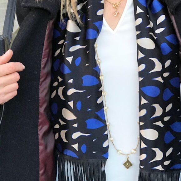 Bien  Abye Blue and Black Patterned Silk Scarf with Leather Fringe - Picture 2 of 6